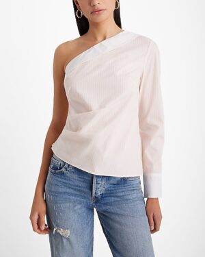 Poplin Striped One Shoulder Draped Top