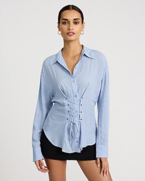 Striped Long Sleeve Lace Up Cinched Waist Shirt