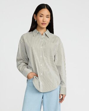 Stretch Cotton Poplin Striped Pocket Boyfriend Shirt