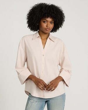 Stretch Cotton Poplin Collared Wide Cuff Button Down Shirt