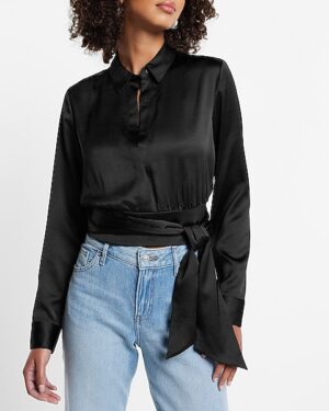 Satin Tie Front Banded Bottom Portofino Shirt
