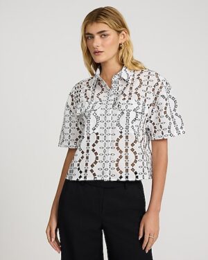 Eyelet Short Sleeve Cropped Shirt