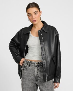 Oversized Faux Leather Bomber Jacket