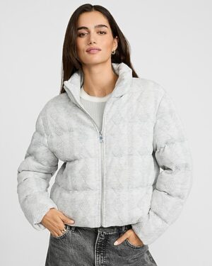 Printed Jacquard Zip Front Puffer Coat