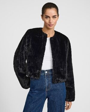 Faux Fur Collarless Cropped Coat