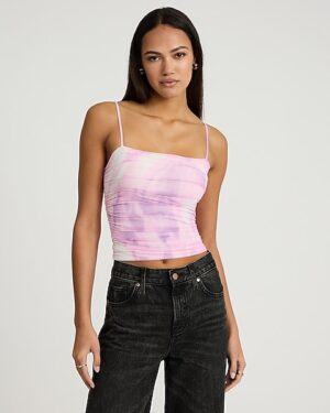 Mesh Printed Square Neck Ruched Cropped Cami