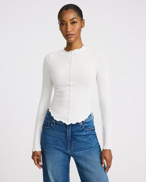 Crew Neck Long Sleeve Scalloped Tee