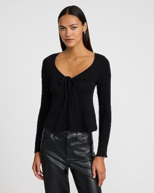 V-Neck Tie Front Long Sleeve Tee