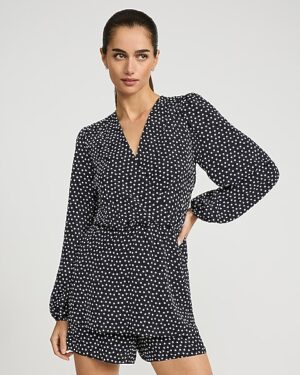 Polka Dot V-Neck Long Sleeve Surplice Romper