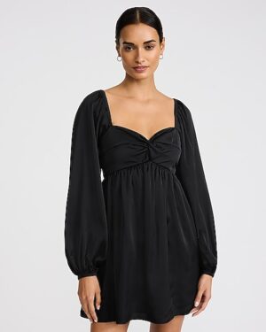 Satin Sweetheart Long Sleeve Twist Front Mini Dress