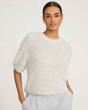 Fuzzy Sequin Crew Neck Short Sleeve Relaxed Sweater