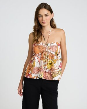 Floral Ruched Tie Halter Sleeveless Top